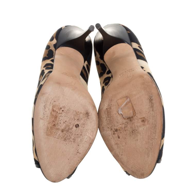 Pre Owned Giuseppe Zanotti Leopard Print Canvas and Leather Peep Toe Pumps Size 40
