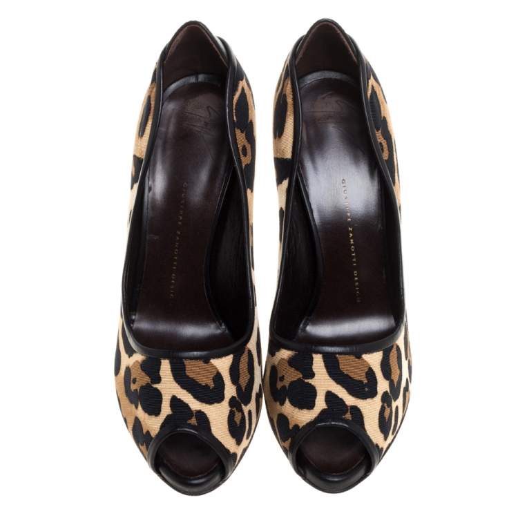 Pre Owned Giuseppe Zanotti Leopard Print Canvas and Leather Peep Toe Pumps Size 40