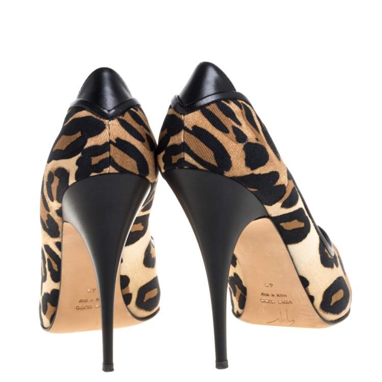Pre Owned Giuseppe Zanotti Leopard Print Canvas and Leather Peep Toe Pumps Size 40