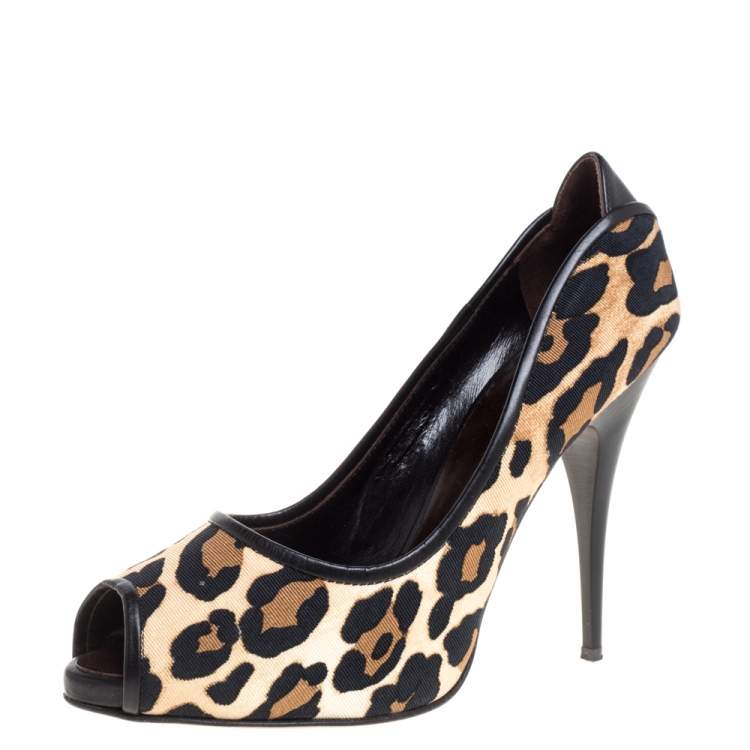 Pre Owned Giuseppe Zanotti Leopard Print Canvas and Leather Peep Toe Pumps Size 40