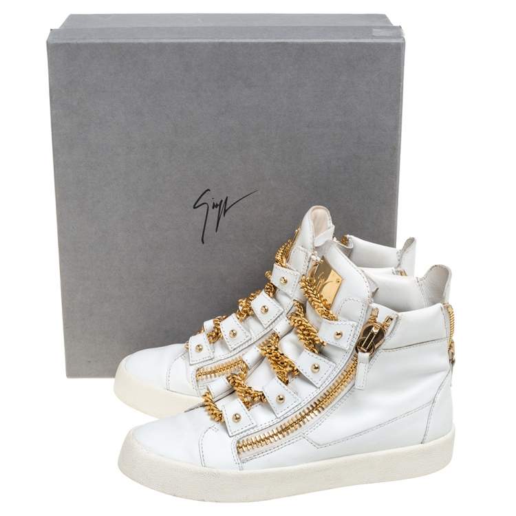 Pre Owned Giuseppe Zanotti White/Gold Leather Royce Chain High Top Sneakers Size 40