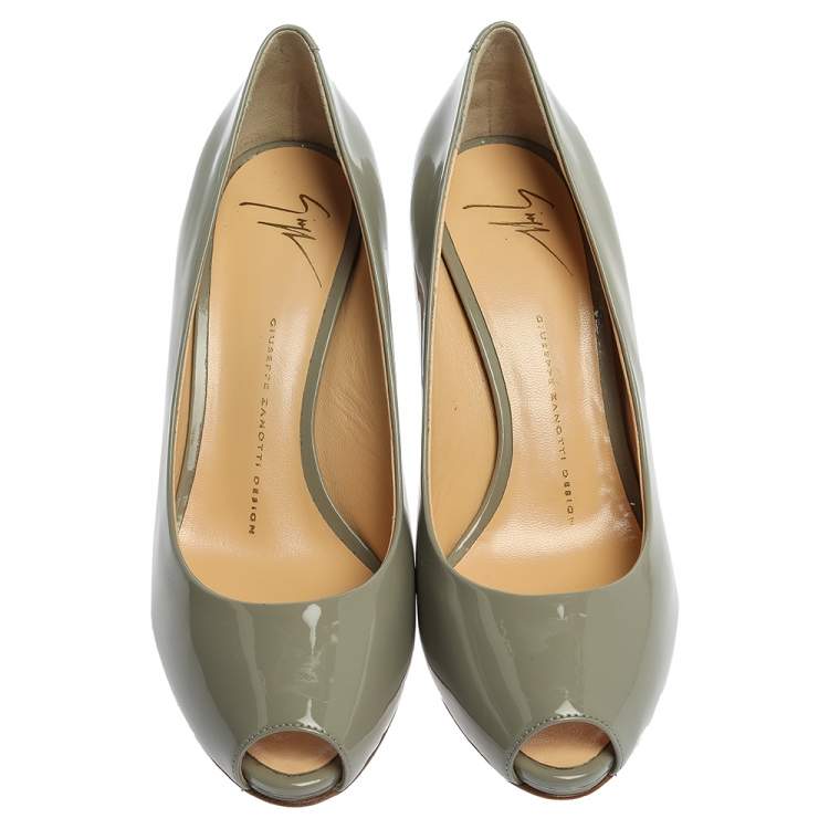 Pre Owned Giuseppe Zanotti Grey Patent Leather Peep Toe Platform Pumps Size 39