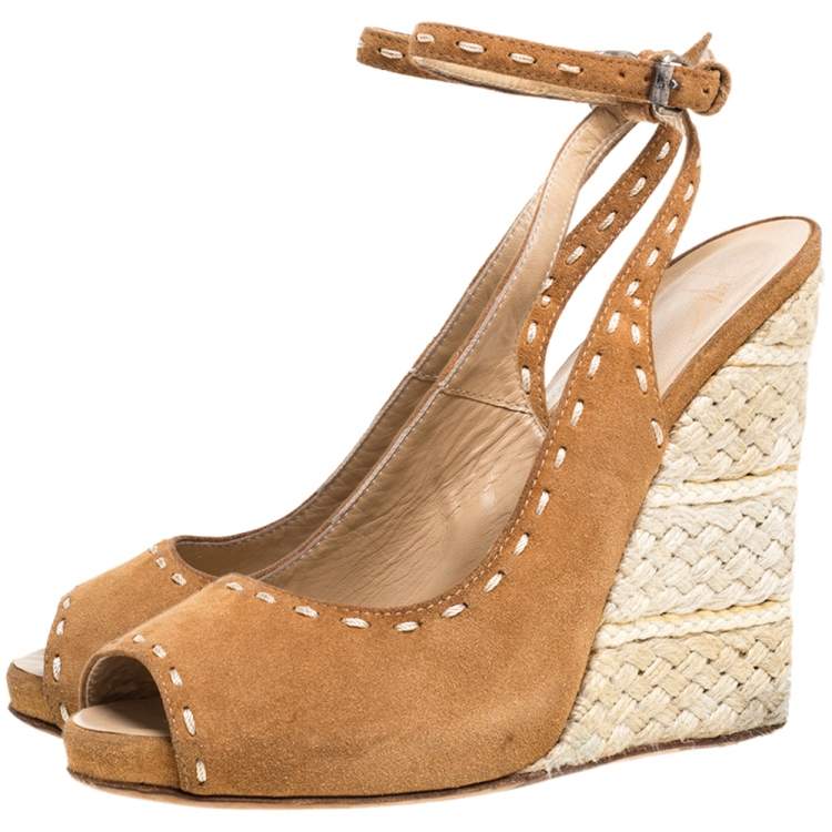 Pre Owned Giuseppe Zanotti Brown Suede Leather Peep Toe Wedge Espadrille Ankle Wrap Sandals Size 38