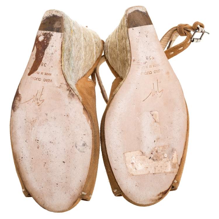 Pre Owned Giuseppe Zanotti Brown Suede Leather Peep Toe Wedge Espadrille Ankle Wrap Sandals Size 38