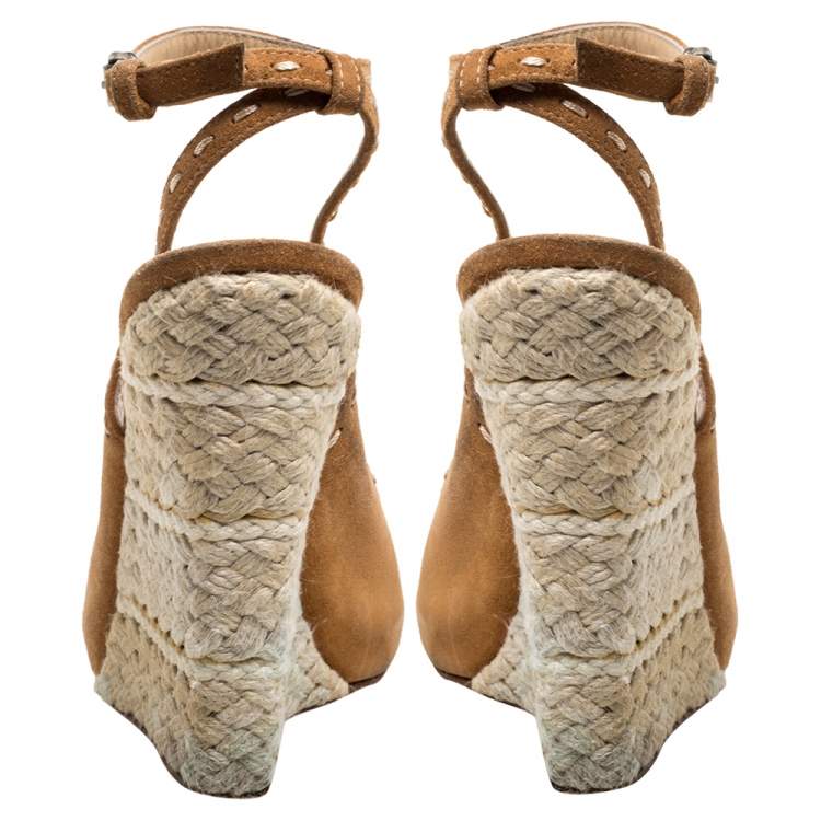 Pre Owned Giuseppe Zanotti Brown Suede Leather Peep Toe Wedge Espadrille Ankle Wrap Sandals Size 38