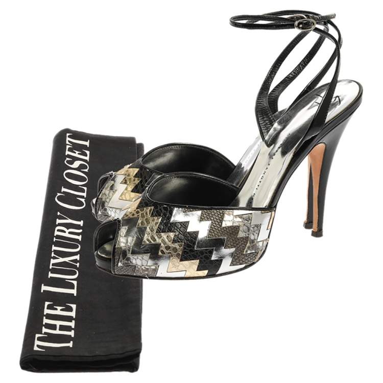 Pre Owned Giuseppe Zanotti Black/Silver Zigzag Patent and Leather Mixed Media Peep Toe Platform Sandals Size 39.5