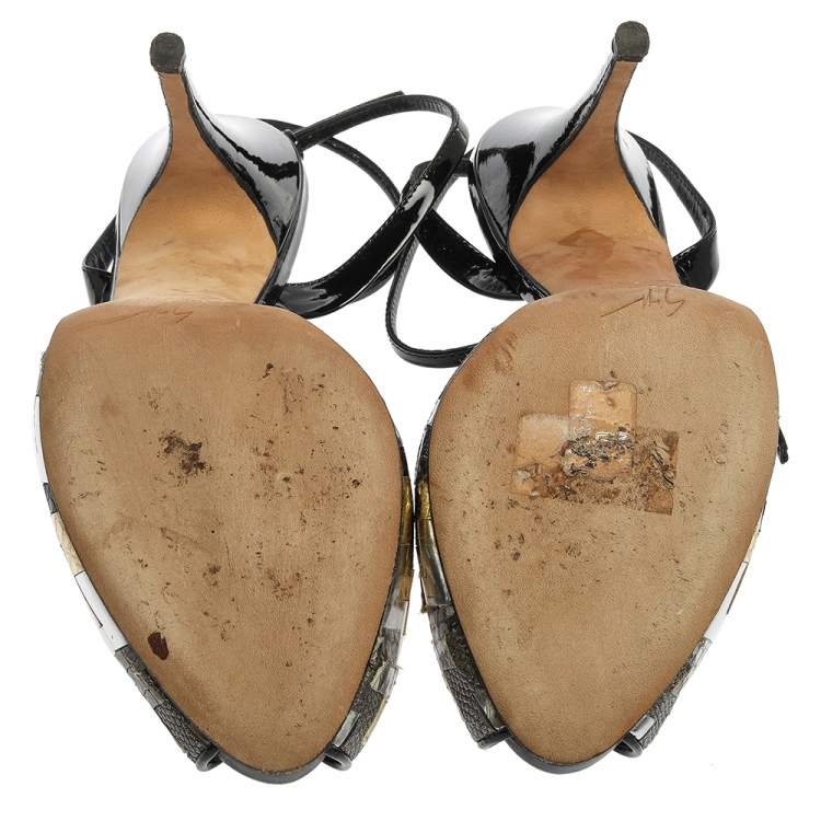 Pre Owned Giuseppe Zanotti Black/Silver Zigzag Patent and Leather Mixed Media Peep Toe Platform Sandals Size 39.5