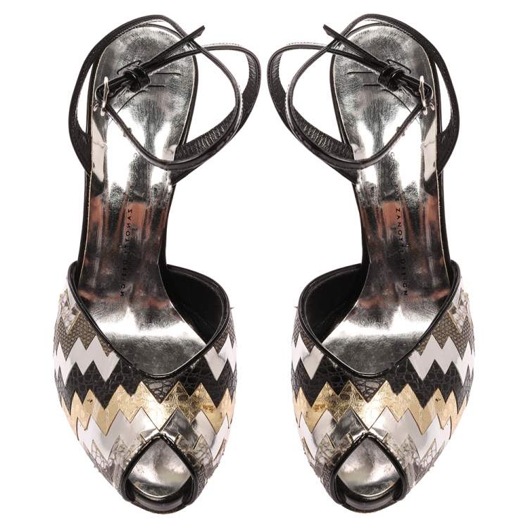 Pre Owned Giuseppe Zanotti Black/Silver Zigzag Patent and Leather Mixed Media Peep Toe Platform Sandals Size 39.5