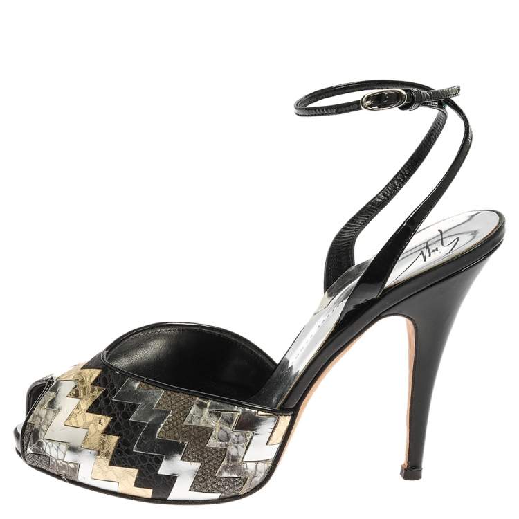 Pre Owned Giuseppe Zanotti Black/Silver Zigzag Patent and Leather Mixed Media Peep Toe Platform Sandals Size 39.5