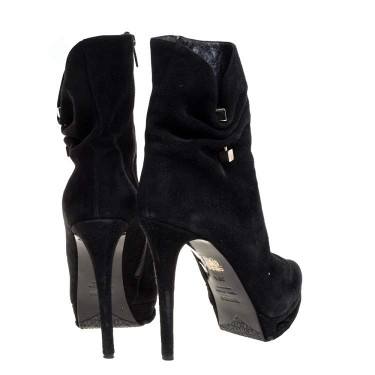Pre Owned Le Silla Black Suede Hat Pin Platform Ankle Boots Size 38.5