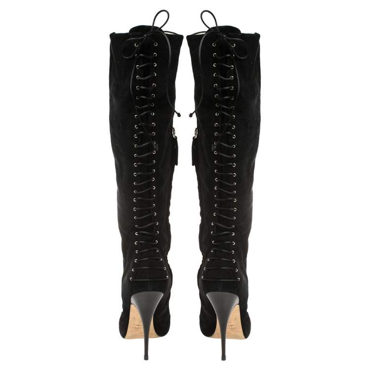Pre Owned Giuseppe Zanotti Black Suede Lace-Up Knee Length Boots Size 39