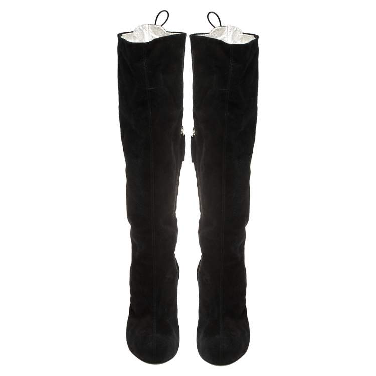 Pre Owned Giuseppe Zanotti Black Suede Lace-Up Knee Length Boots Size 39