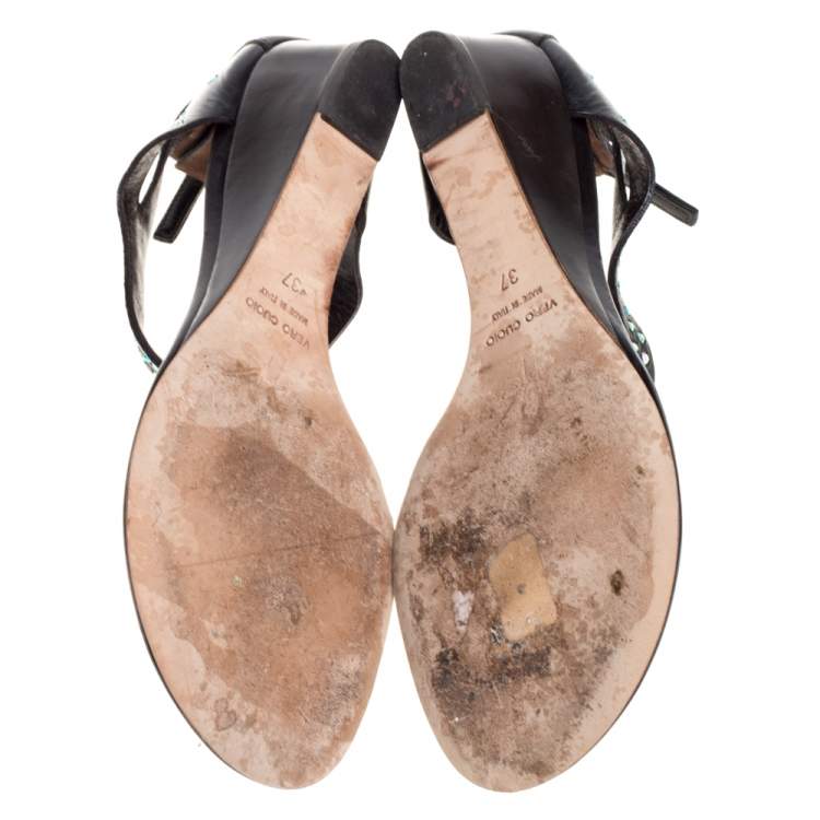 Pre Owned Giuseppe Zanotti Black Leather Crystal Studded Thong Sandals Size 37