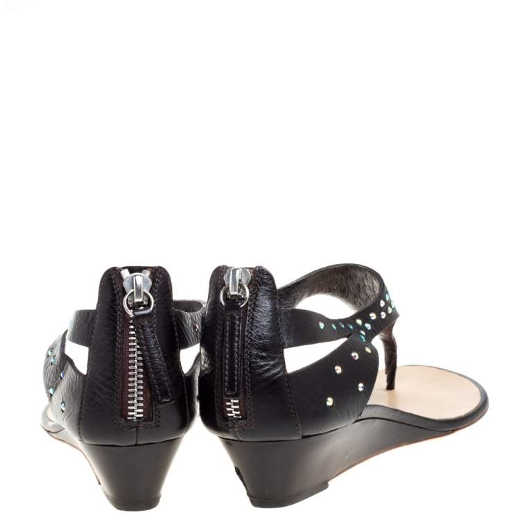 Pre Owned Giuseppe Zanotti Black Leather Crystal Studded Thong Sandals Size 37