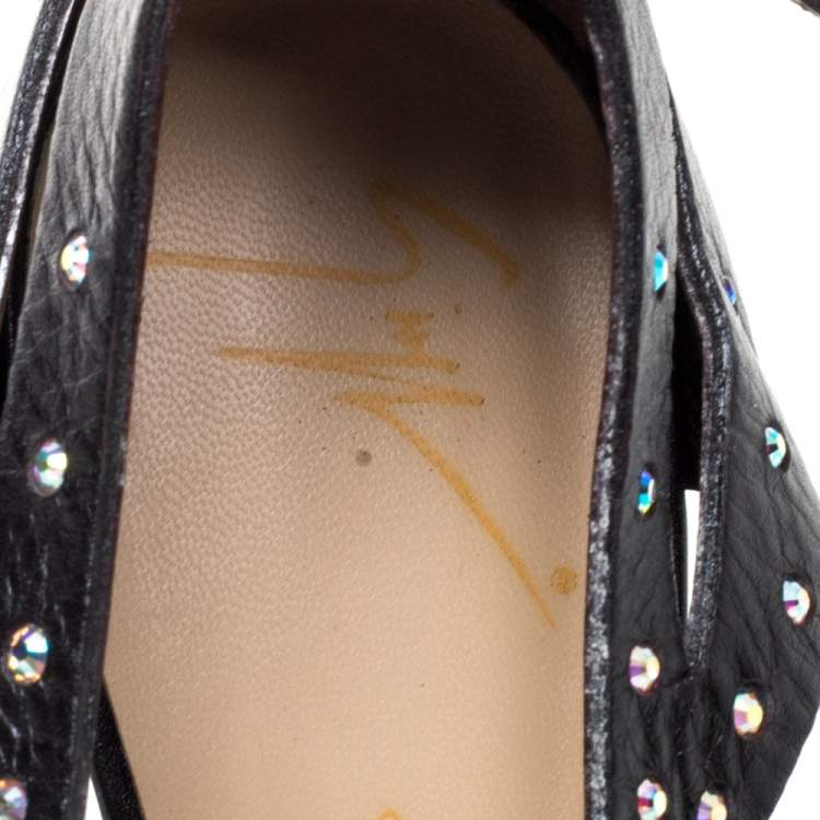 Pre Owned Giuseppe Zanotti Black Leather Crystal Studded Thong Sandals Size 37