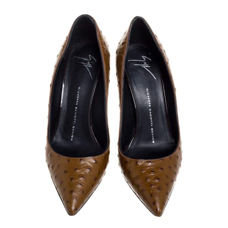Pre Owned Giuseppe Zanotti Brown Ostrich Embossed Leather Lucrezia Pointed Toe Pumps Size 38.5