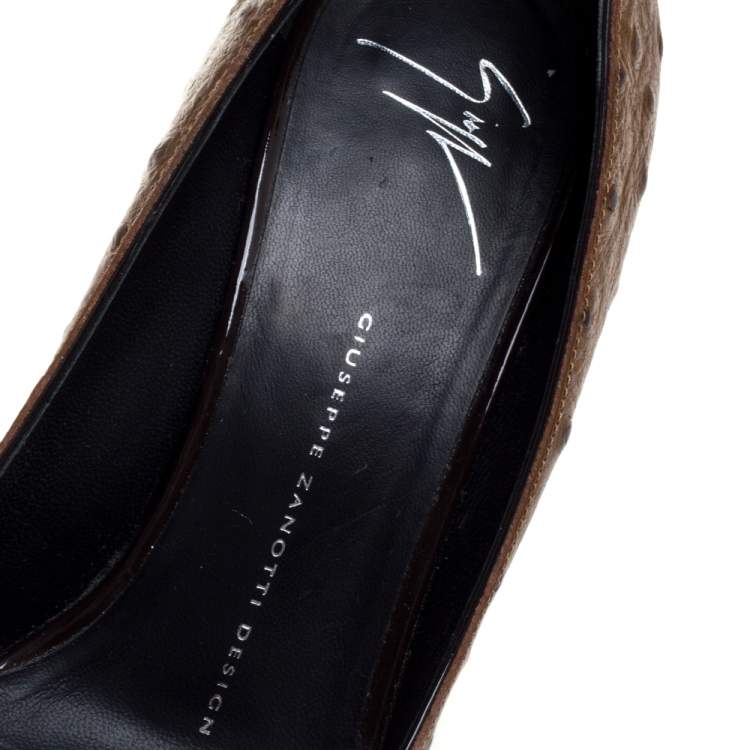 Pre Owned Giuseppe Zanotti Brown Ostrich Embossed Leather Lucrezia Pointed Toe Pumps Size 38.5