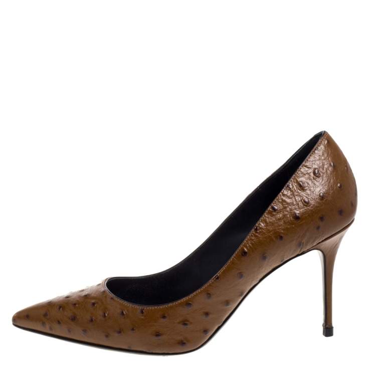 Pre Owned Giuseppe Zanotti Brown Ostrich Embossed Leather Lucrezia Pointed Toe Pumps Size 38.5