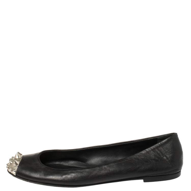 Pre Owned Giuseppe Zanotti Black Leather Malika Spiked Cap Toe Ballet Flats Size 38.5