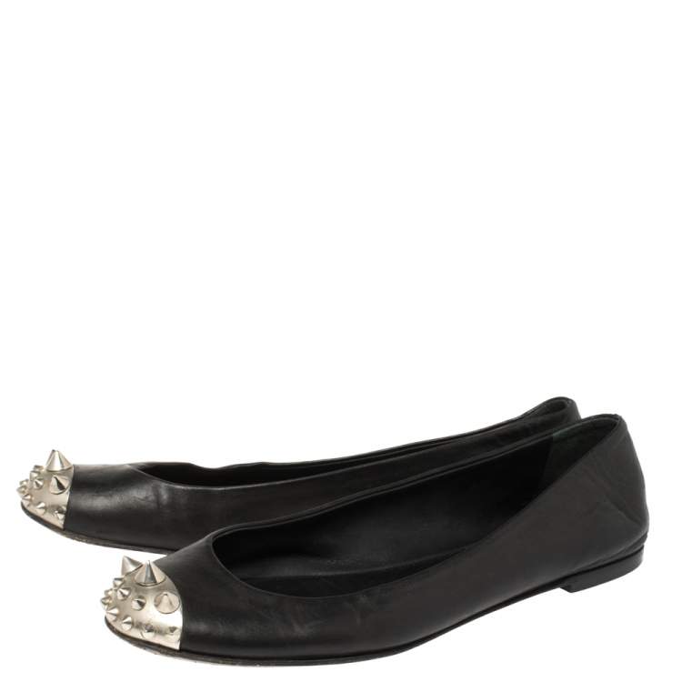 Pre Owned Giuseppe Zanotti Black Leather Malika Spiked Cap Toe Ballet Flats Size 38.5