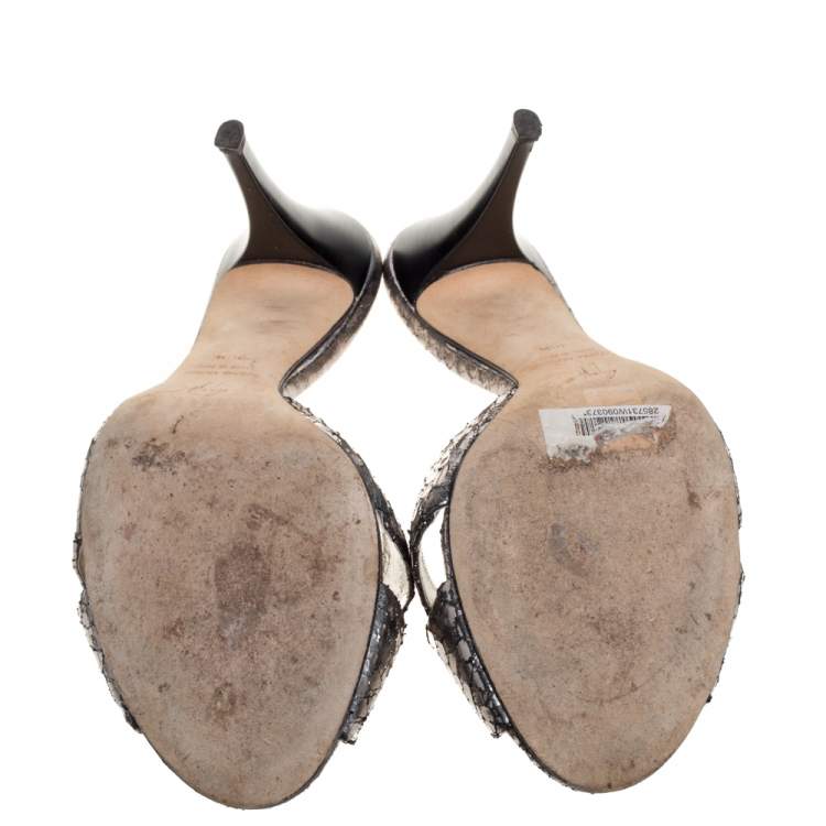 Pre Owned Giuseppe Zanotti Metallic Grey Crackled Leather Crystal Embellished Slide Sandals Size 38.5