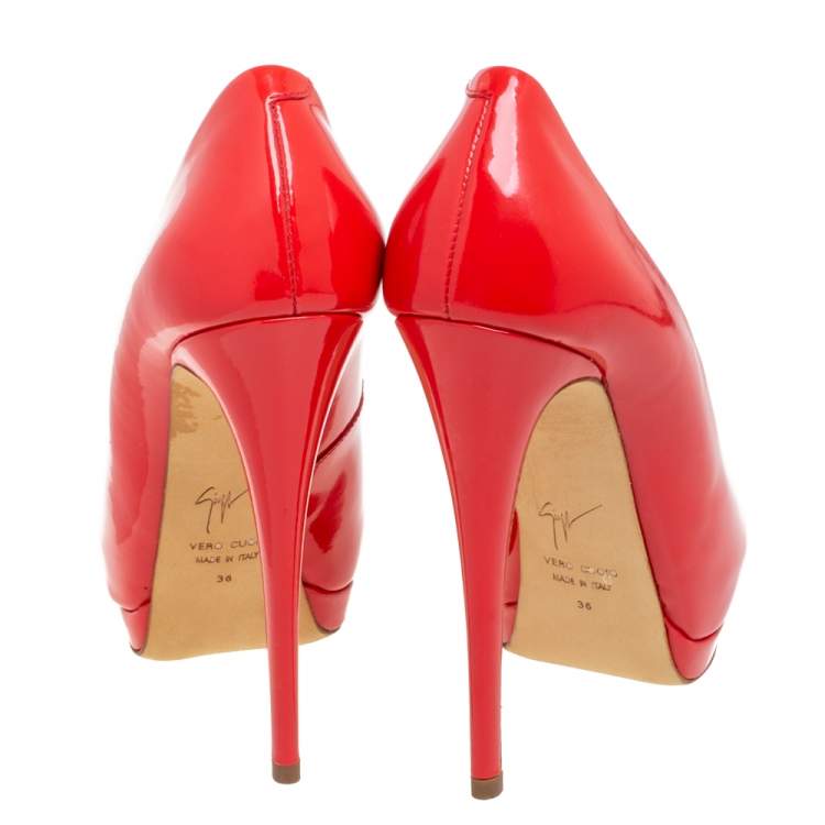 Pre Owned Giuseppe Zanotti Red Patent Leather Sharon Peep Toe Pumps Size 36