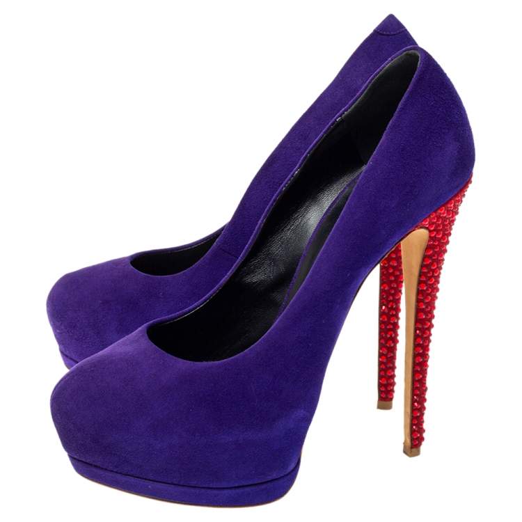 Pre Owned Giuseppe Zanotti Violet Suede Embellished Platform Pumps Size 39