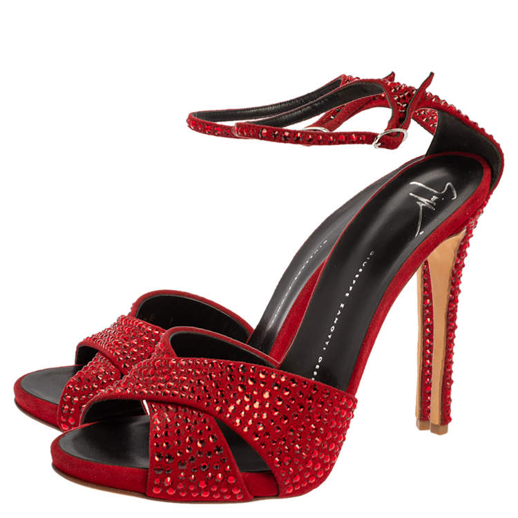 Pre Owned Giuseppe Zanotti Red Suede Crystal Embellished Ankle Strap Sandals Size 39.5