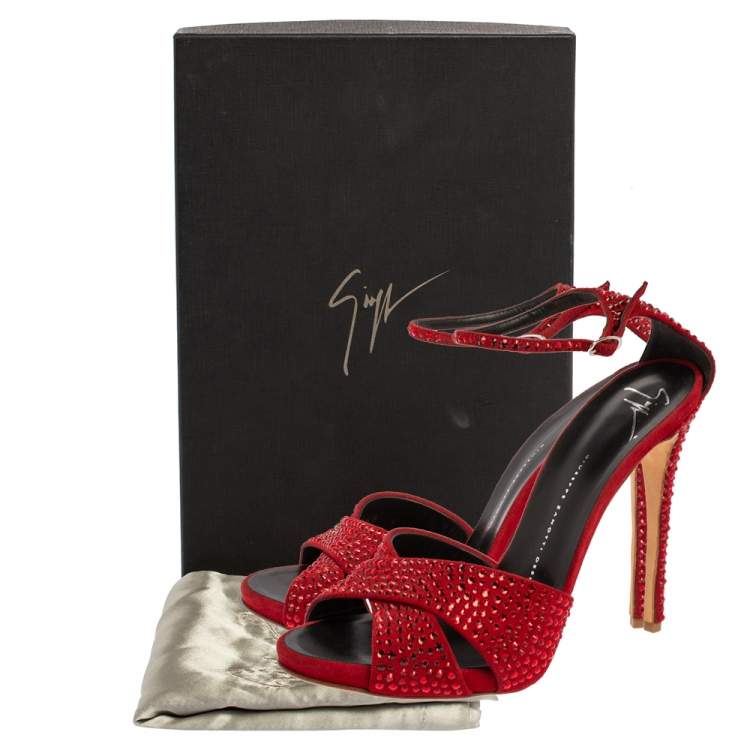 Pre Owned Giuseppe Zanotti Red Suede Crystal Embellished Ankle Strap Sandals Size 39.5
