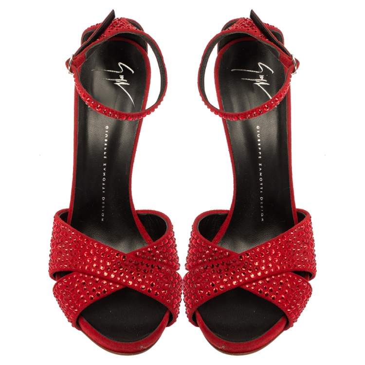 Pre Owned Giuseppe Zanotti Red Suede Crystal Embellished Ankle Strap Sandals Size 39.5