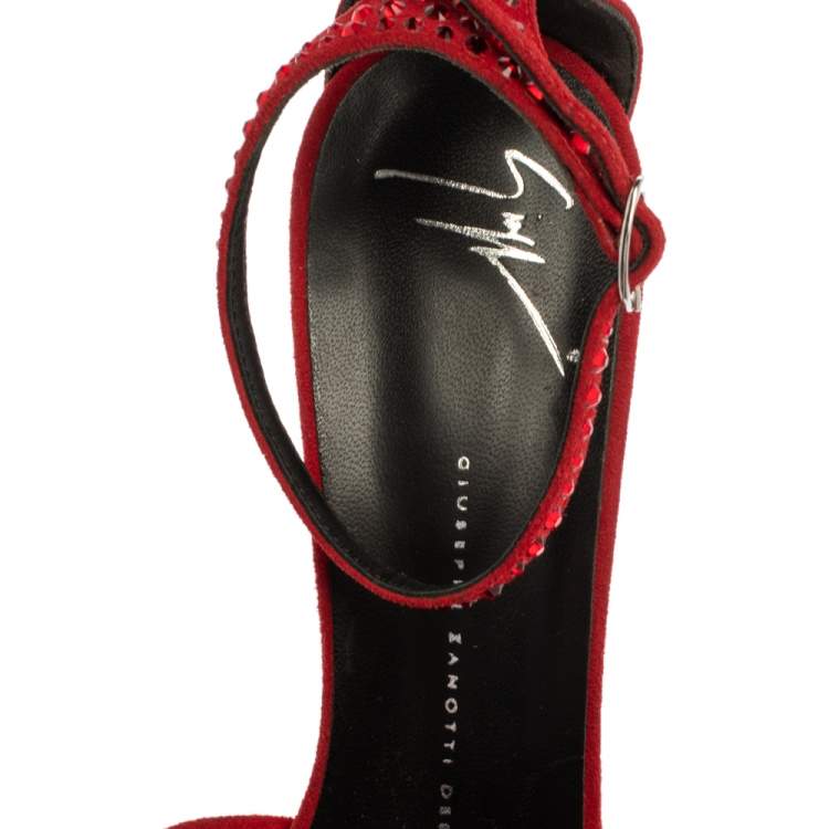 Pre Owned Giuseppe Zanotti Red Suede Crystal Embellished Ankle Strap Sandals Size 39.5