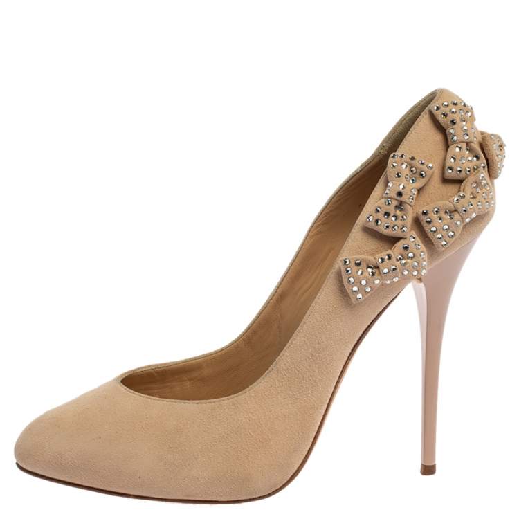 Pre Owned Giuseppe Zanotti Beige Suede Crystal Embellished Bow Pumps Size 39