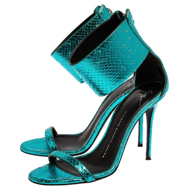 Pre Owned Giuseppe Zanotti Metallic Blue Snake Embossed Leather Andrea  Ankle Cuff Sandals Size 38