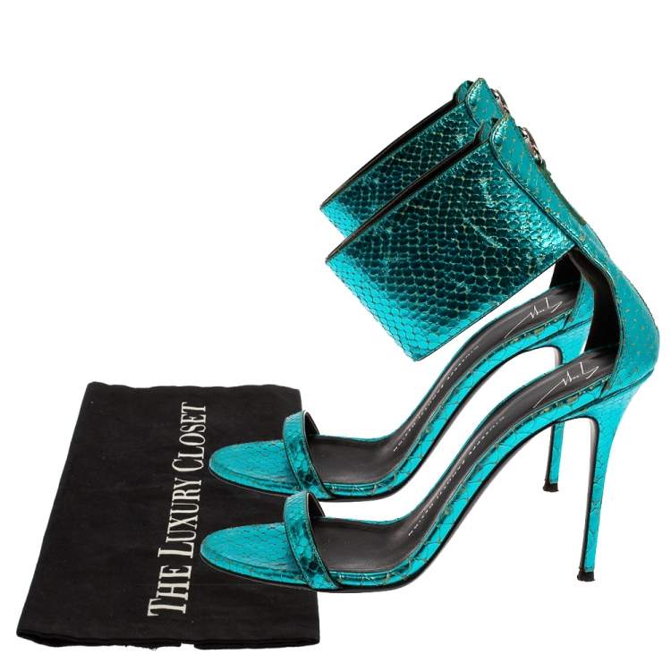 Pre Owned Giuseppe Zanotti Metallic Blue Snake Embossed Leather Andrea  Ankle Cuff Sandals Size 38