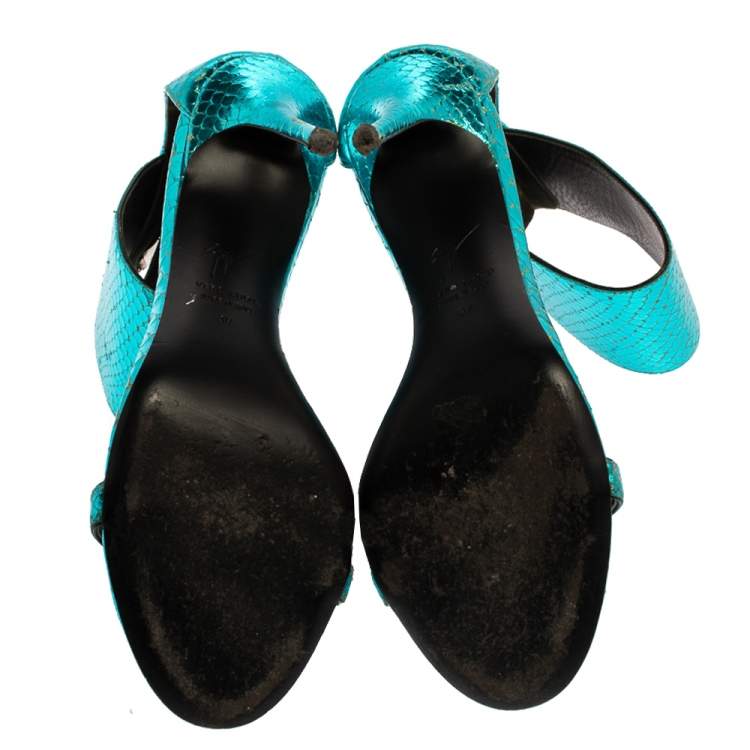 Pre Owned Giuseppe Zanotti Metallic Blue Snake Embossed Leather Andrea  Ankle Cuff Sandals Size 38