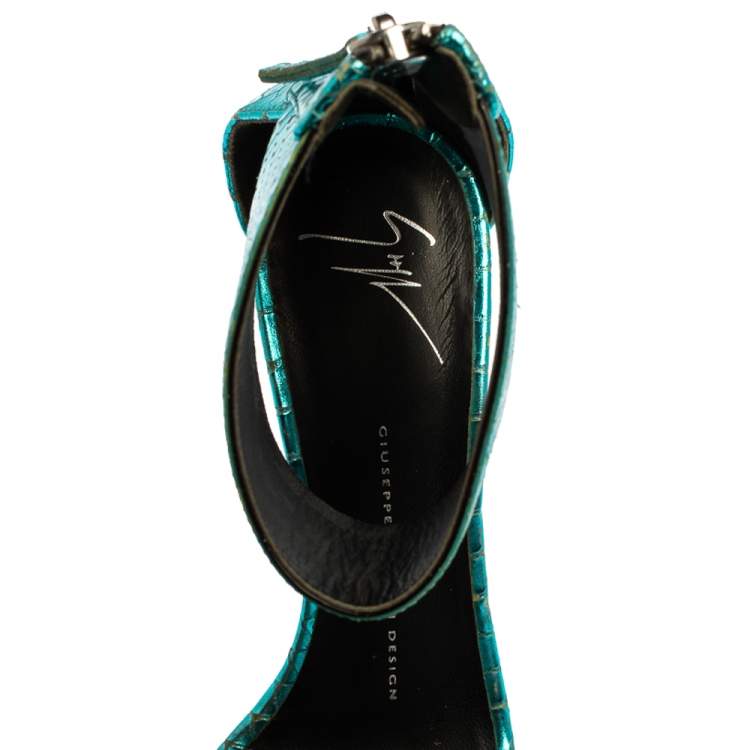 Pre Owned Giuseppe Zanotti Metallic Blue Snake Embossed Leather Andrea  Ankle Cuff Sandals Size 38