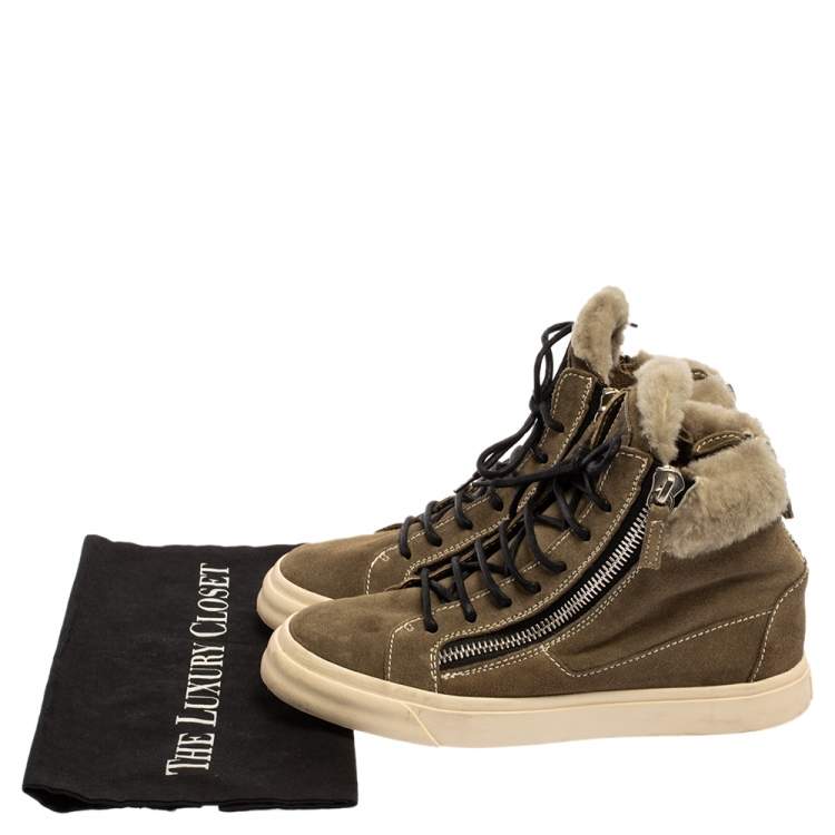 Pre Owned Giuseppe Zanotti Olive Green Suede Leather And Shearling Trim Double Zipper High Top Sneakers Size 38