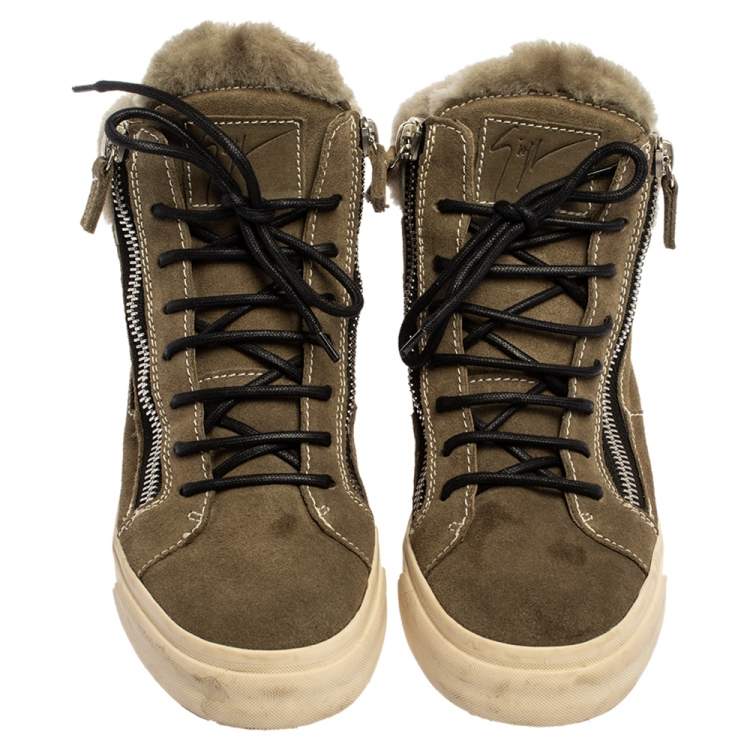Pre Owned Giuseppe Zanotti Olive Green Suede Leather And Shearling Trim Double Zipper High Top Sneakers Size 38