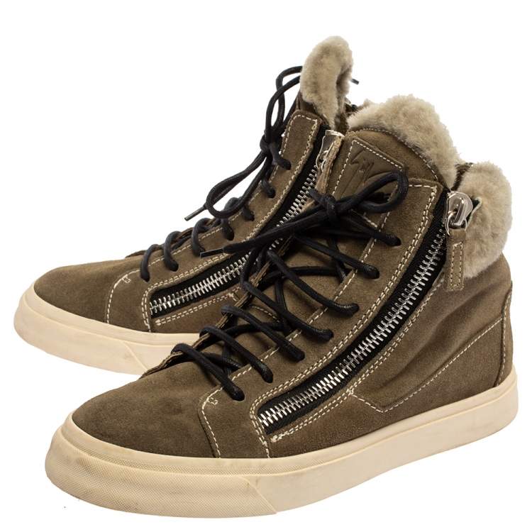 Pre Owned Giuseppe Zanotti Olive Green Suede Leather And Shearling Trim Double Zipper High Top Sneakers Size 38