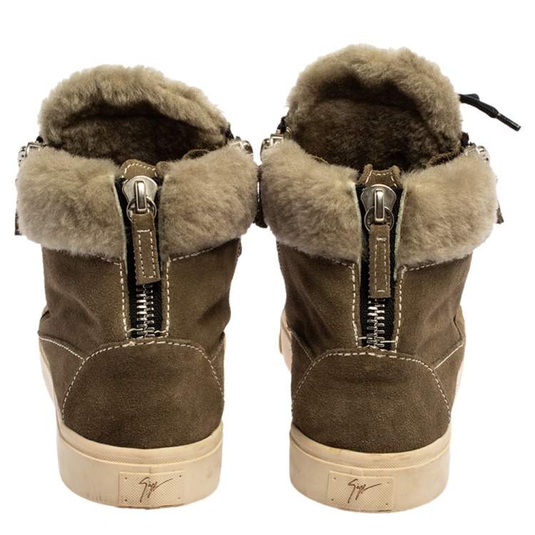 Pre Owned Giuseppe Zanotti Olive Green Suede Leather And Shearling Trim Double Zipper High Top Sneakers Size 38