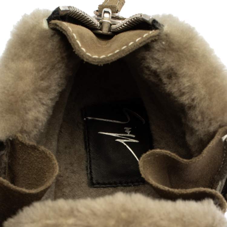 Pre Owned Giuseppe Zanotti Olive Green Suede Leather And Shearling Trim Double Zipper High Top Sneakers Size 38