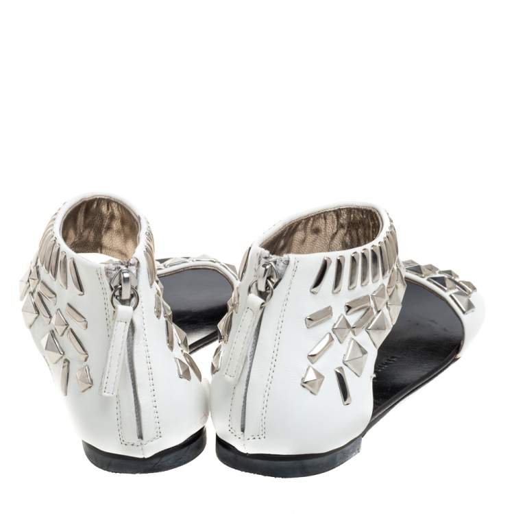 Pre Owned Giuseppe Zanotti White Leather Studded Ankle Cuff Zipper Flats Size 36