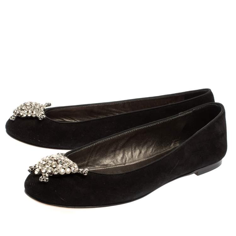 Pre Owned Giuseppe Zanotti Black Suede Crystal Embellished Ballet Flats Size 36