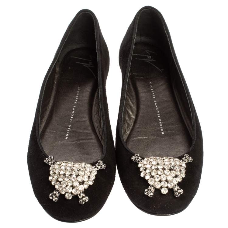 Pre Owned Giuseppe Zanotti Black Suede Crystal Embellished Ballet Flats Size 36