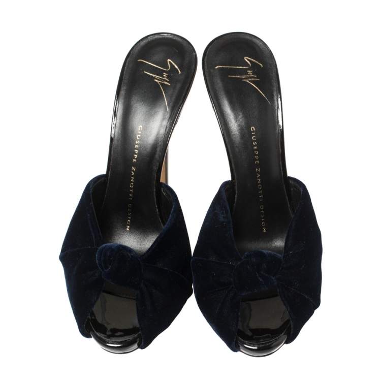 Pre Owned Giuseppe Zanotti Dark Blue Velvet Knotted Slide Sandals Size 36