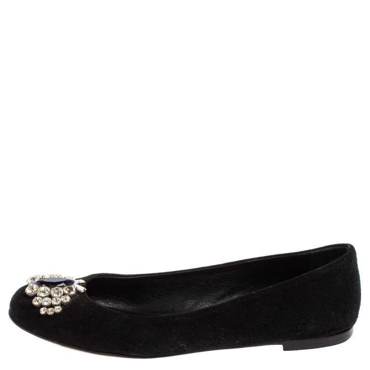 Pre Owned Giuseppe Zanotti Black Suede Leather Crystal Embellished Ballet Flats Size 36