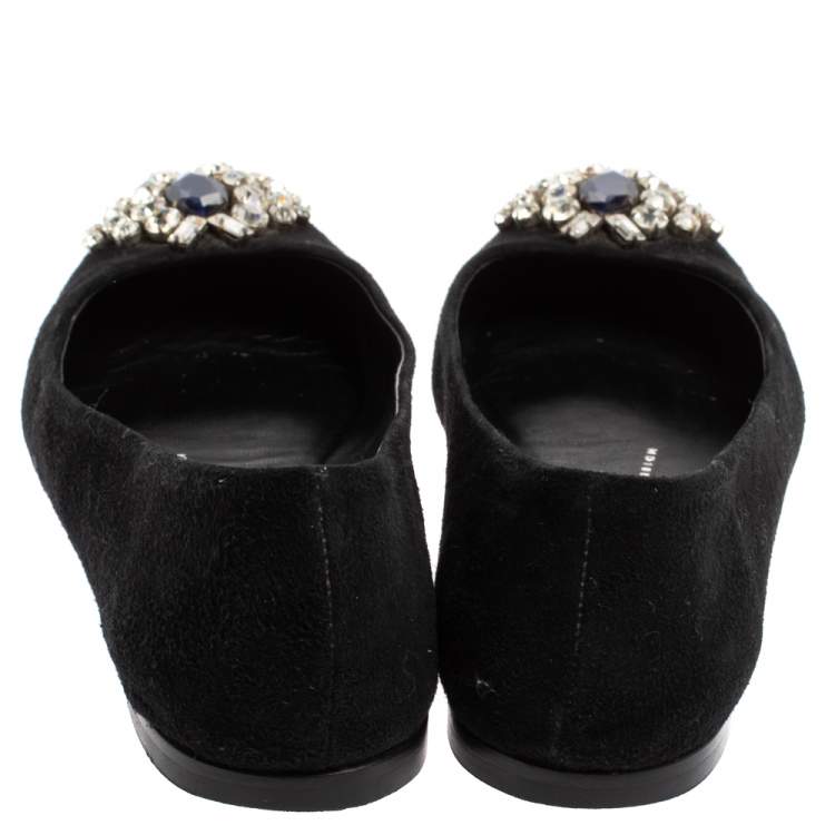 Pre Owned Giuseppe Zanotti Black Suede Leather Crystal Embellished Ballet Flats Size 36