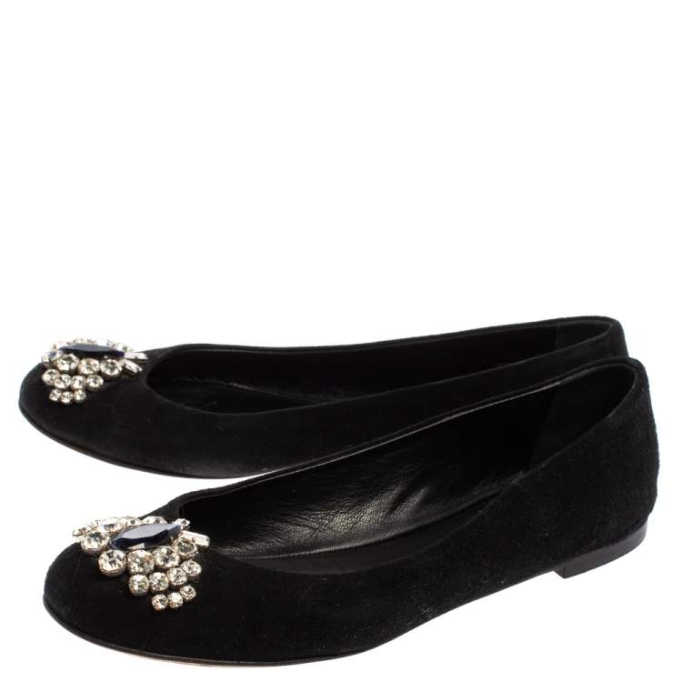 Pre Owned Giuseppe Zanotti Black Suede Leather Crystal Embellished Ballet Flats Size 36