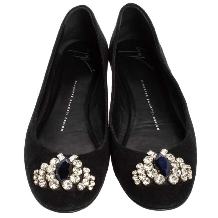 Pre Owned Giuseppe Zanotti Black Suede Leather Crystal Embellished Ballet Flats Size 36