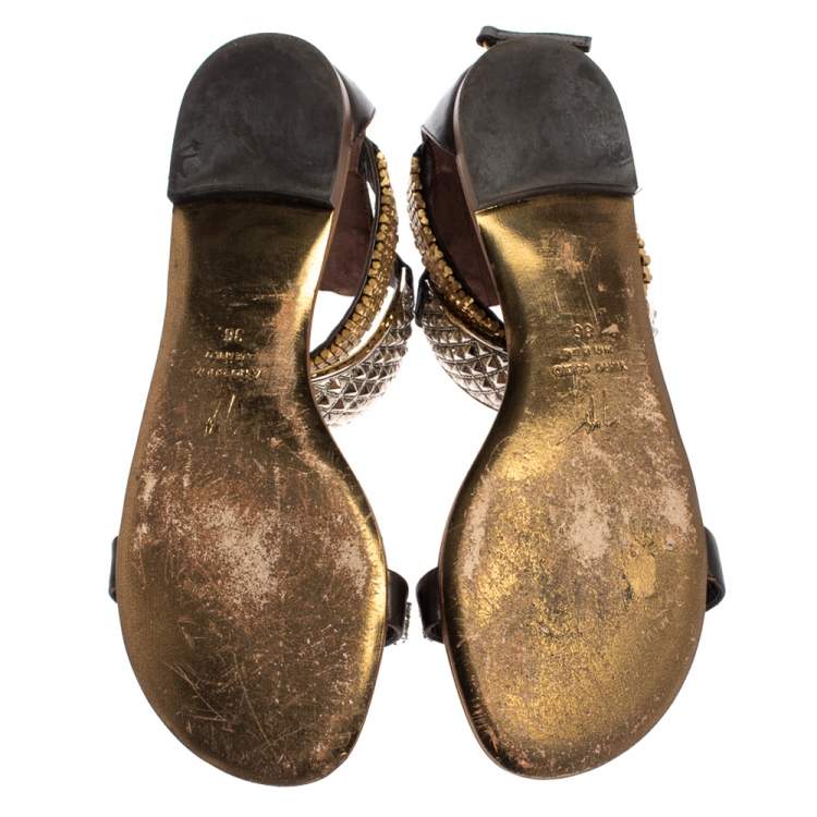Pre Owned Giuseppe Zanotti Brown Leather Crystal Embellished Ankle Cuff Flat Sandals Size 36